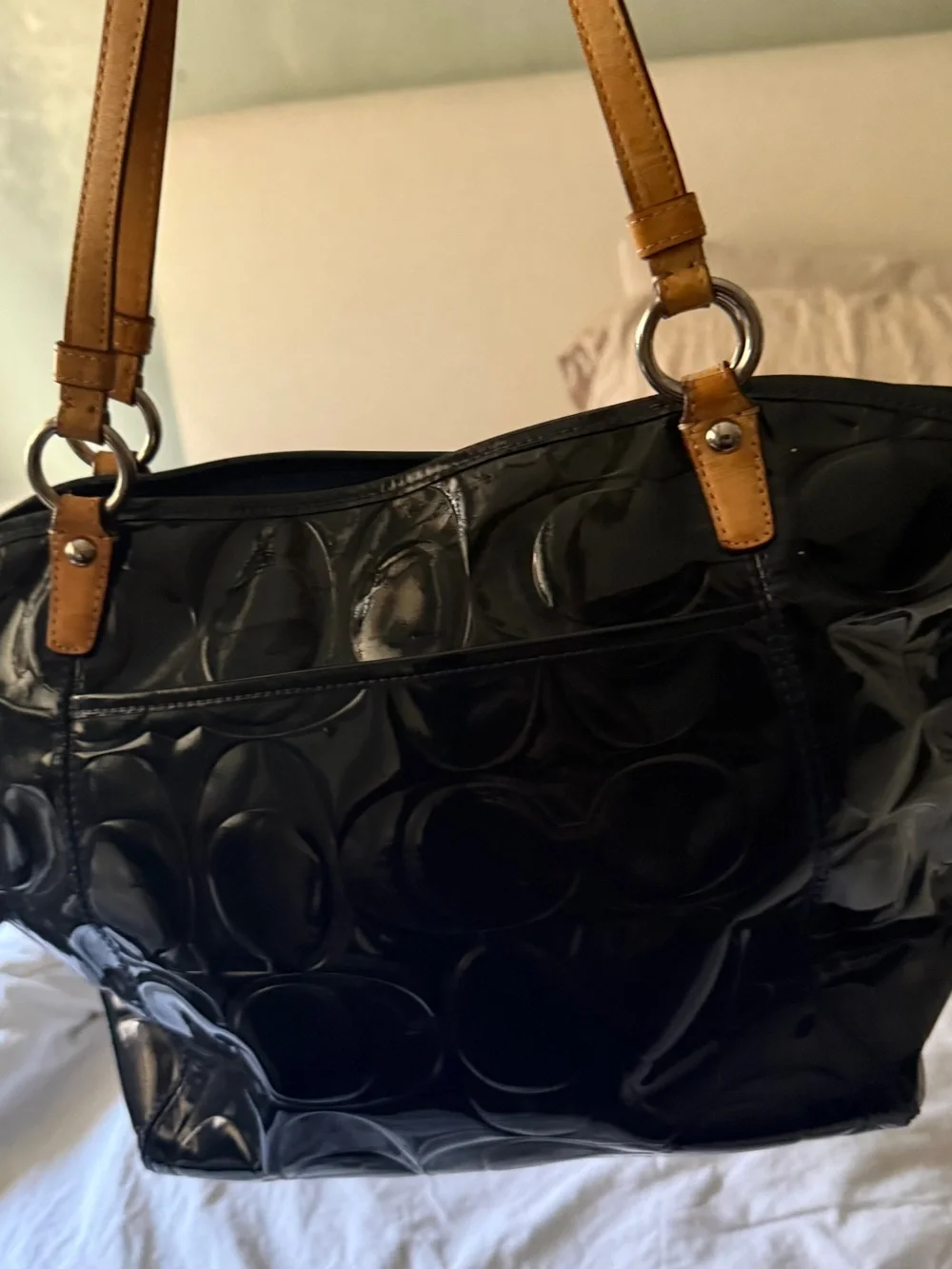 Coach dark blue Patent Tote with Tan Leather Straps